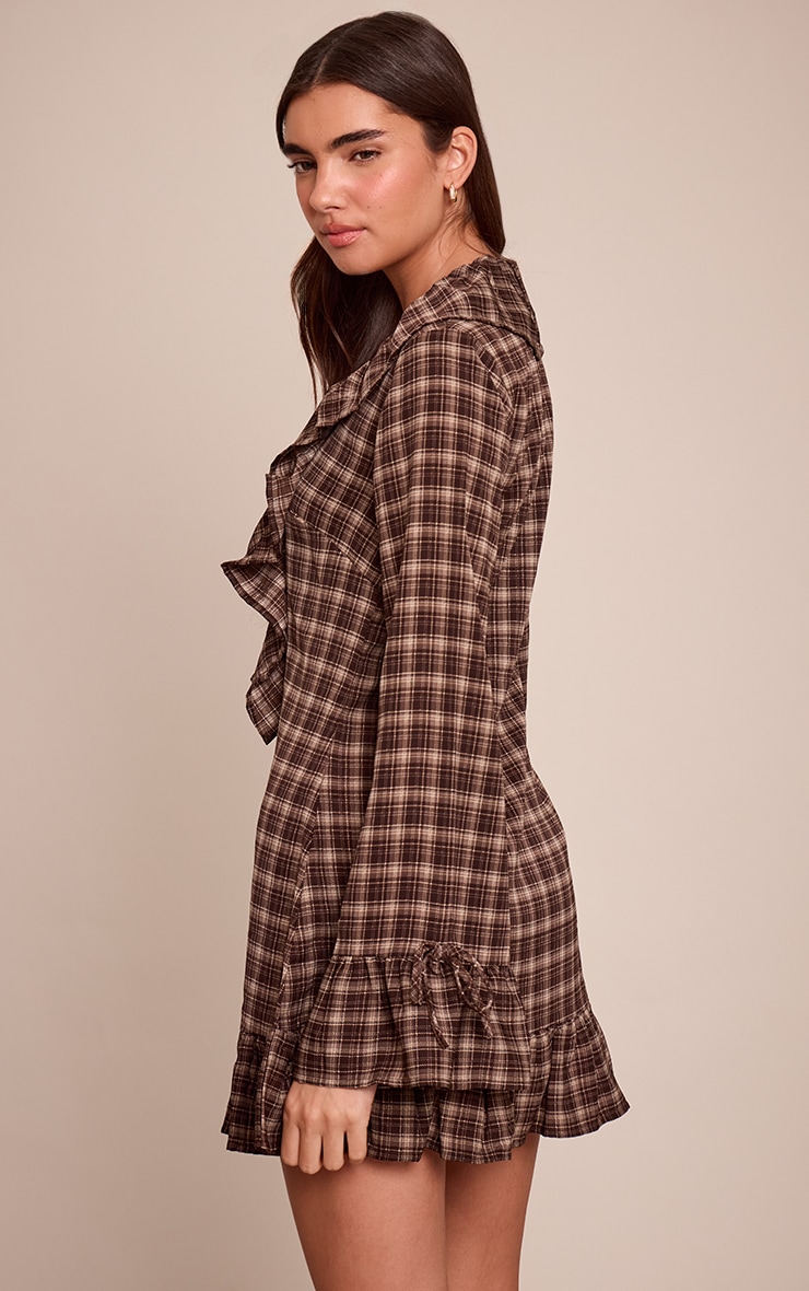 Brown Check Frill Long Sleeve Shift Mini Dress image 2