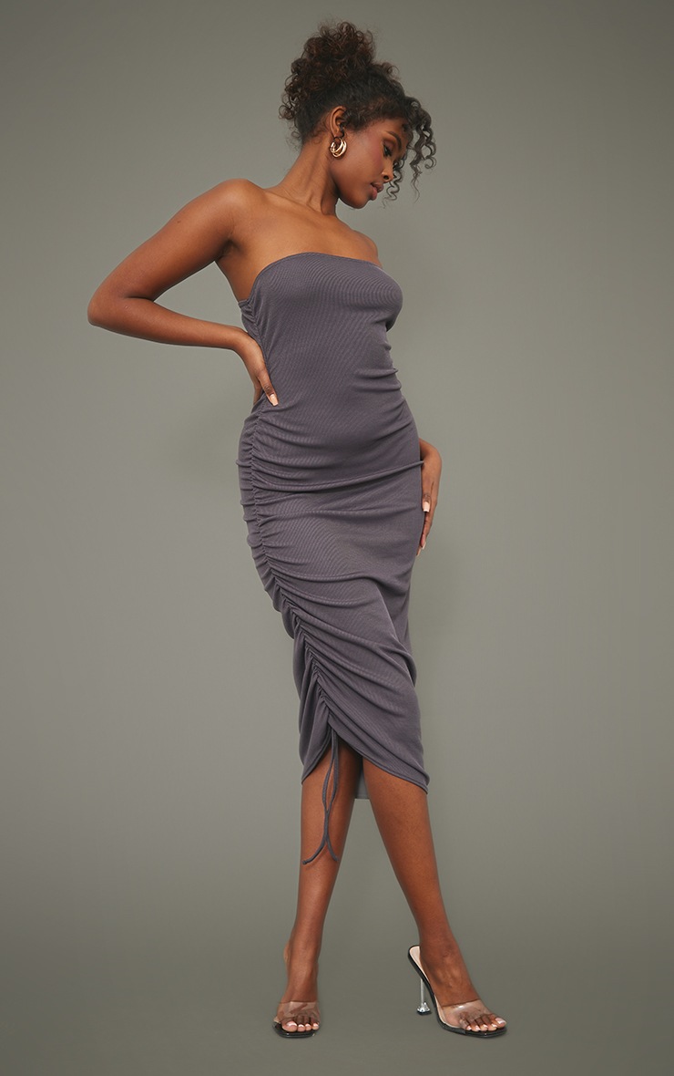 Charcoal Ribbed Bandeau Ruched Side Bodycon Dress