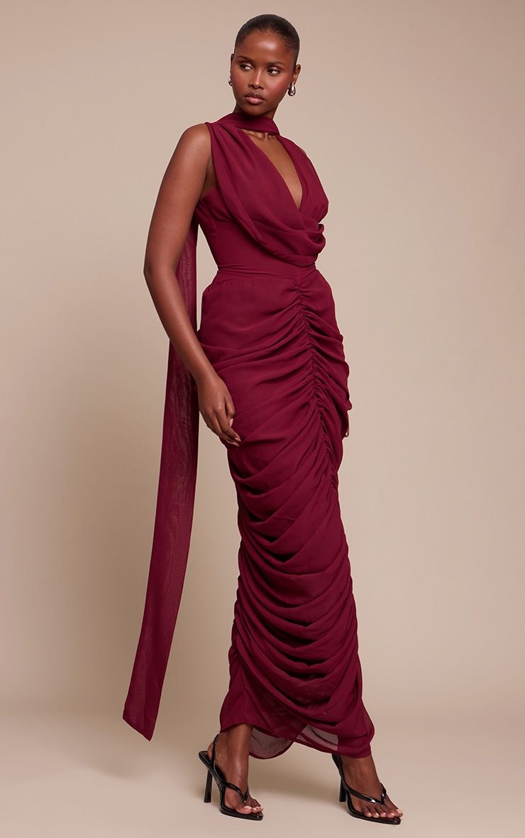Wine Chiffon Scarf Detail Ruched Maxi Dress image 1