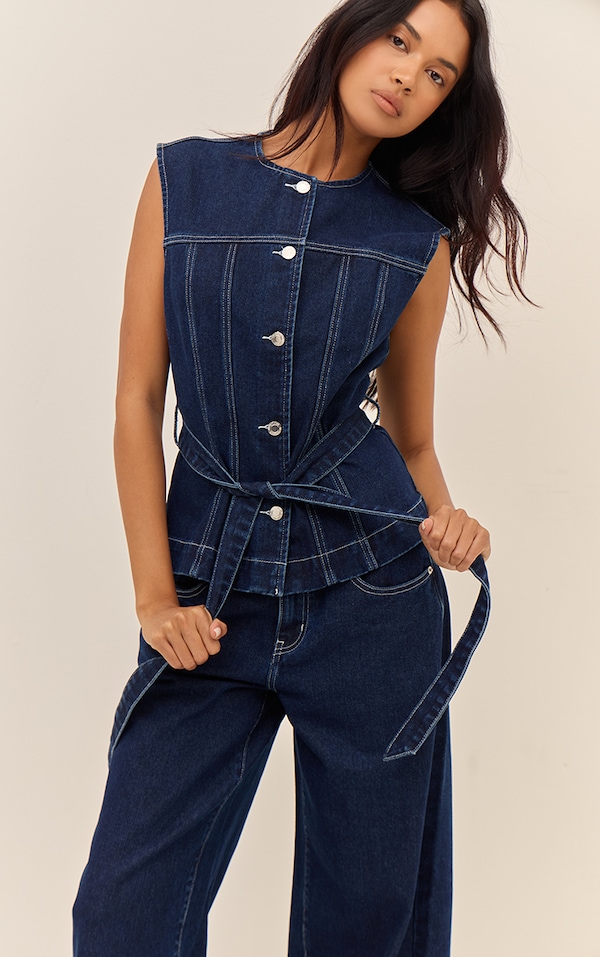 Top cintré en jean indigo à col rond et ceinture