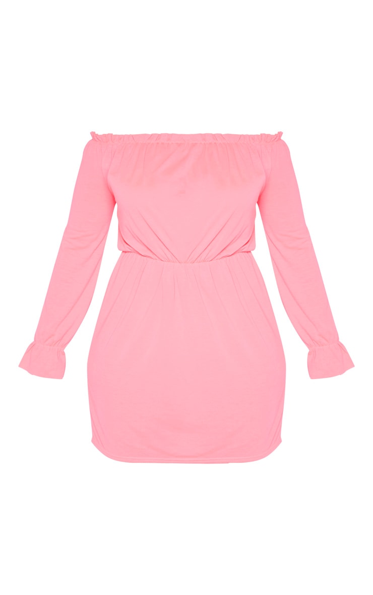Plus Neon Pink Bardot Frill Detail Shift Dress image 3