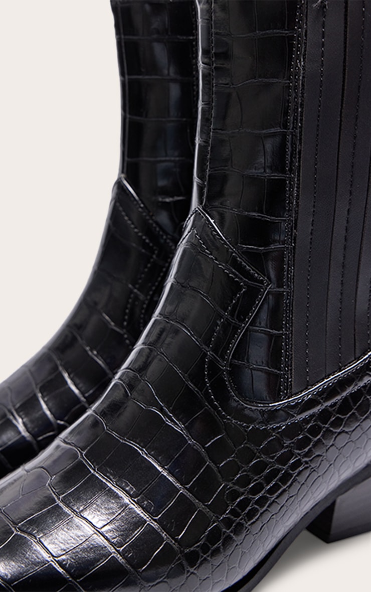 Black Croc PU Point Toe Low Block Heel Western Ankle Boots image 4