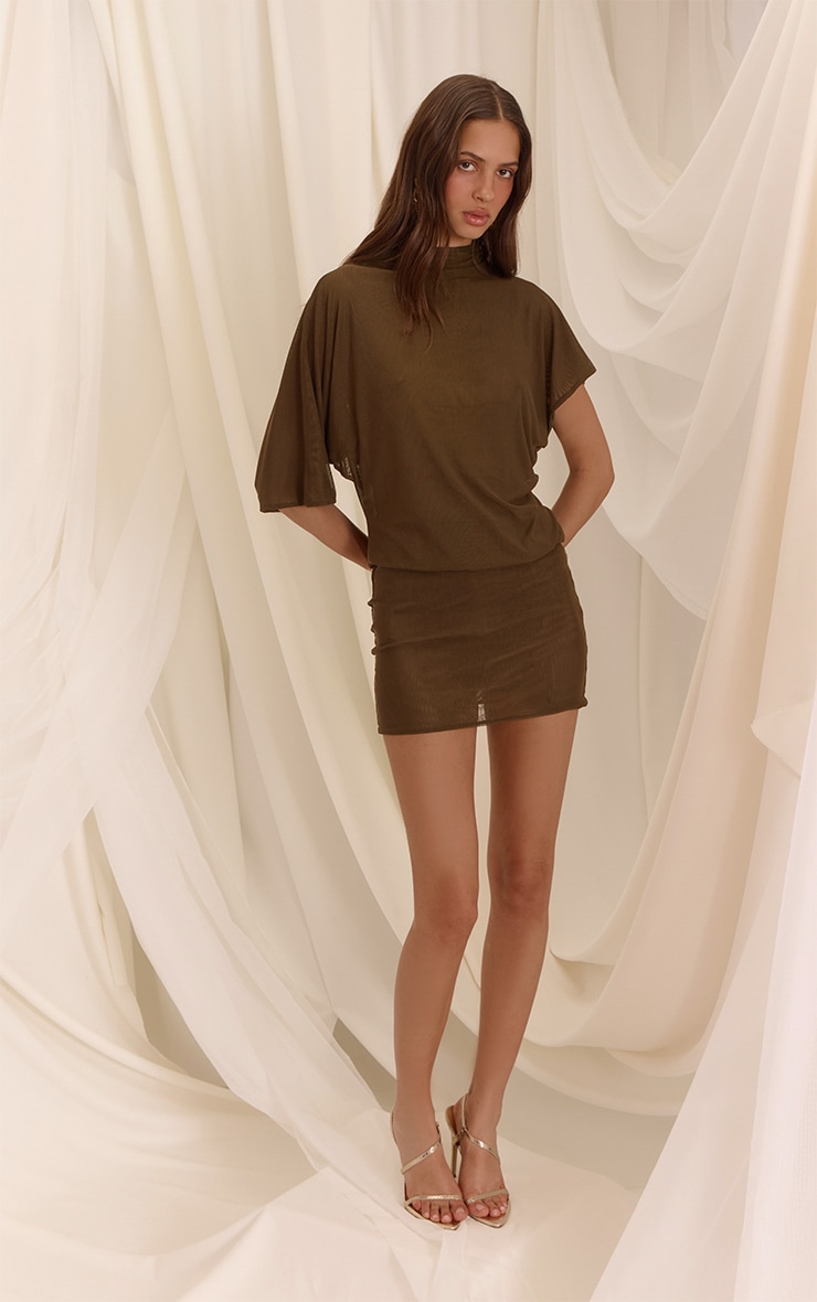 Golden Olive Mesh Draped Sleeve Bodycon Dress image 3