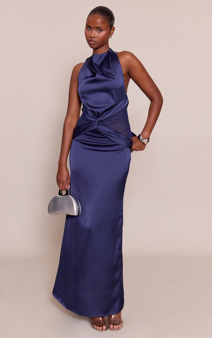 Navy Satin Mesh Detail Maxi Dress image 3