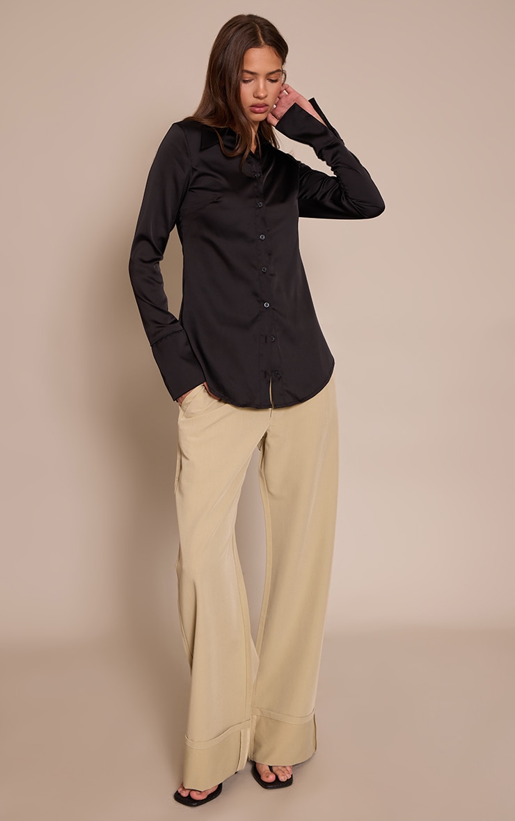 Black Satin Oversized Collar Button Down Fitted Shirt image 3