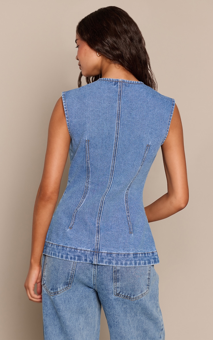 Top long en jean bleu moyen sans manches image 2