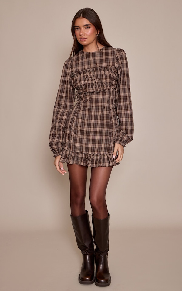 Khaki Check Ruched Bust Long Sleeve Shift Dress