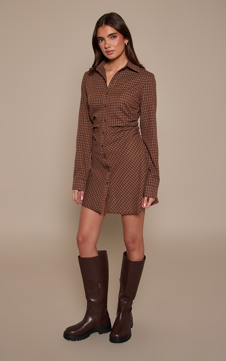 Brown Check Button Down Ruched Long Sleeve Shirt Dress image 3