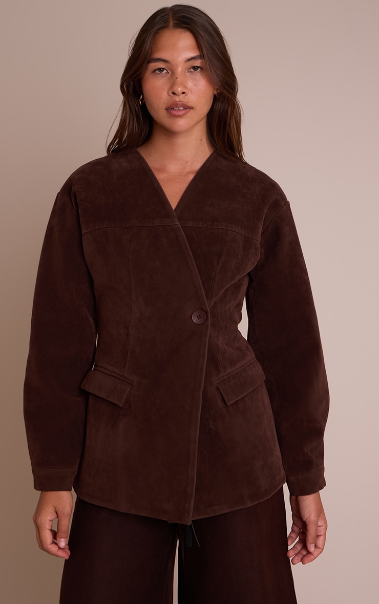 Chocolate Faux Suede Asymmetric Blazer