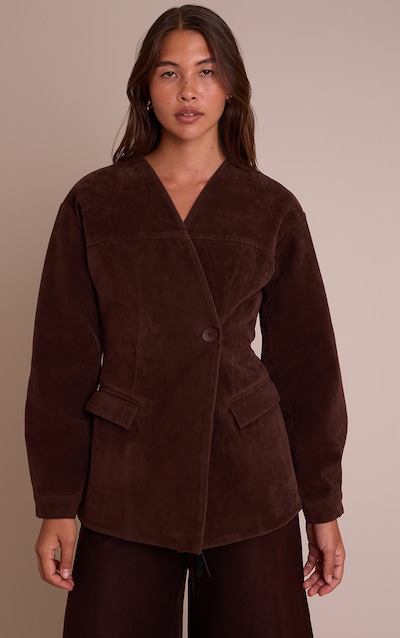 Chocolate Faux Suede Asymmetric Blazer
