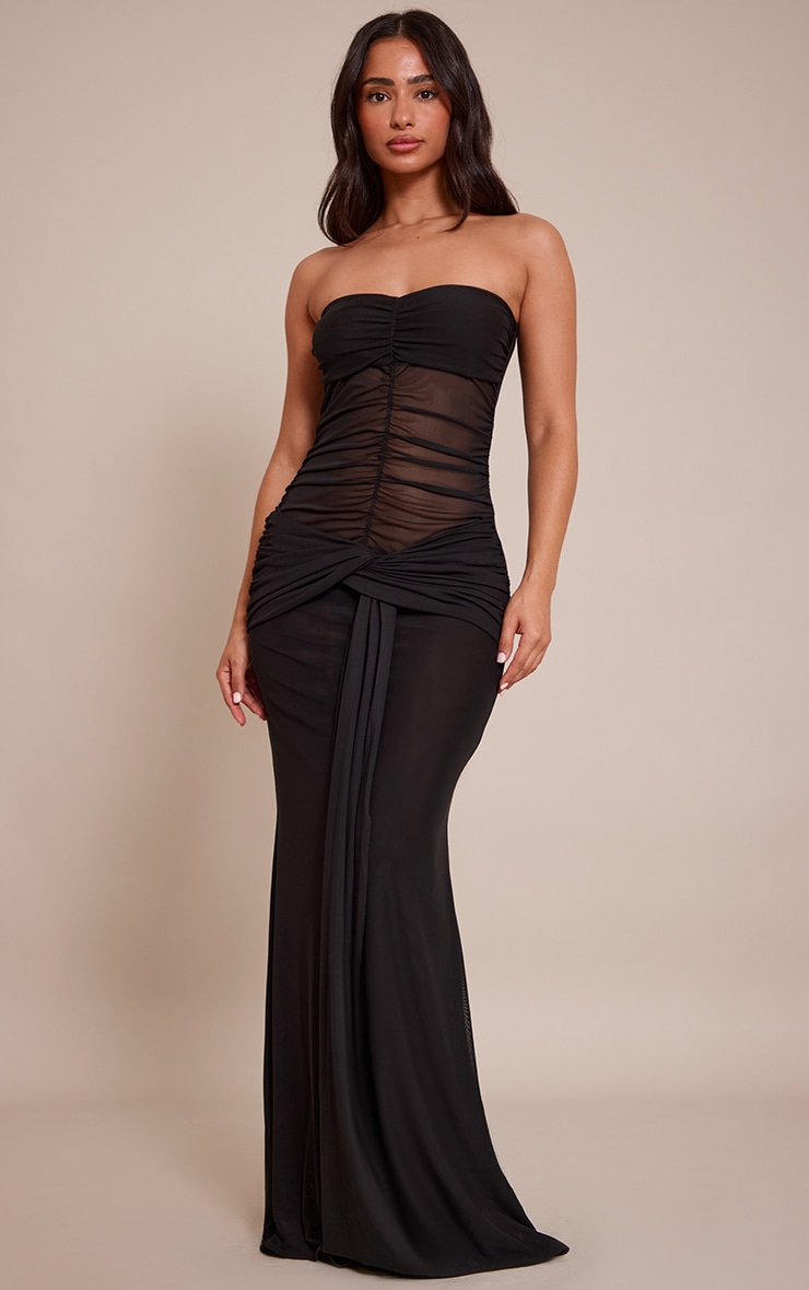 Petite Black Ruched Drape Bandeau Maxi Dress