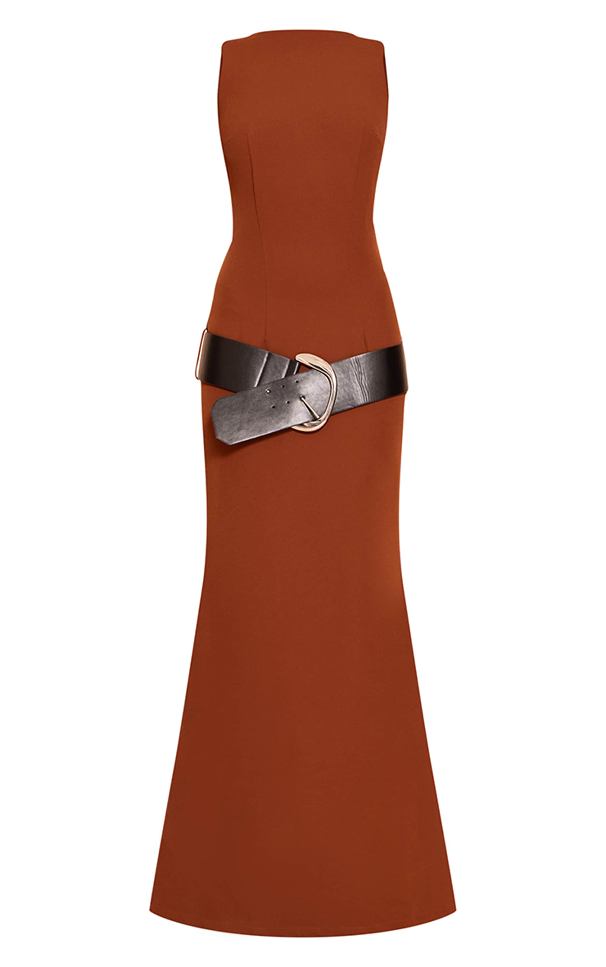 Chocolate Woven Tailored Belt Detail Maxi Dress image 5