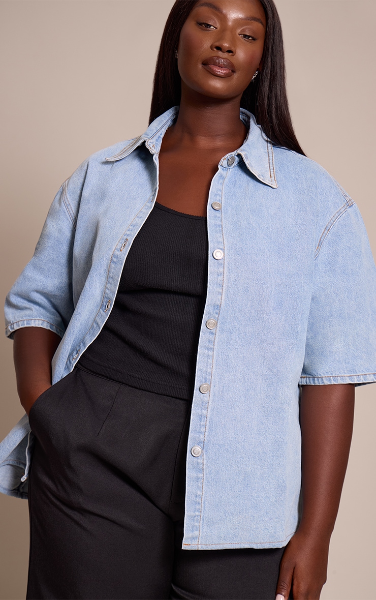 Plus Light Blue Wash Fabric Covered Button Detail Denim Shirt image 4