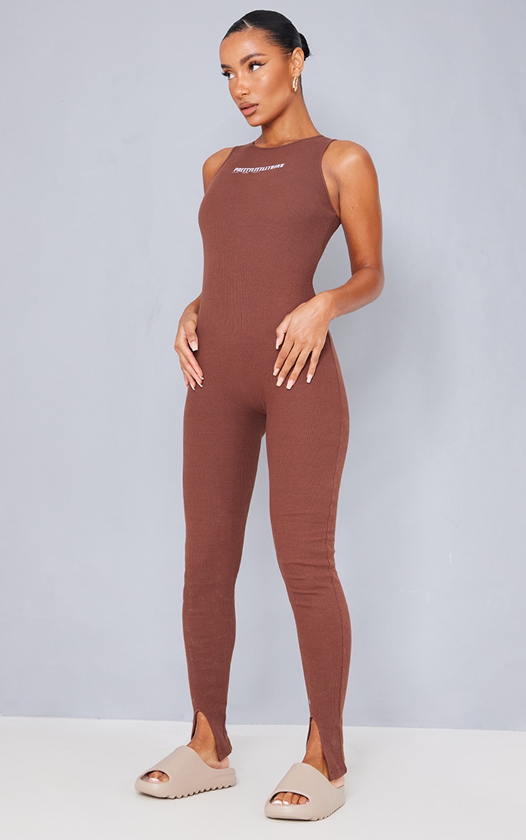 PRETTYLITTLETHING Chocolate Ribbed Racer Split Hem Jumpsuit image 1