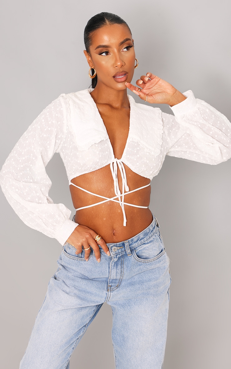 White Broderie Tie Wrap Crop Top Tops PrettyLittleThing AUS