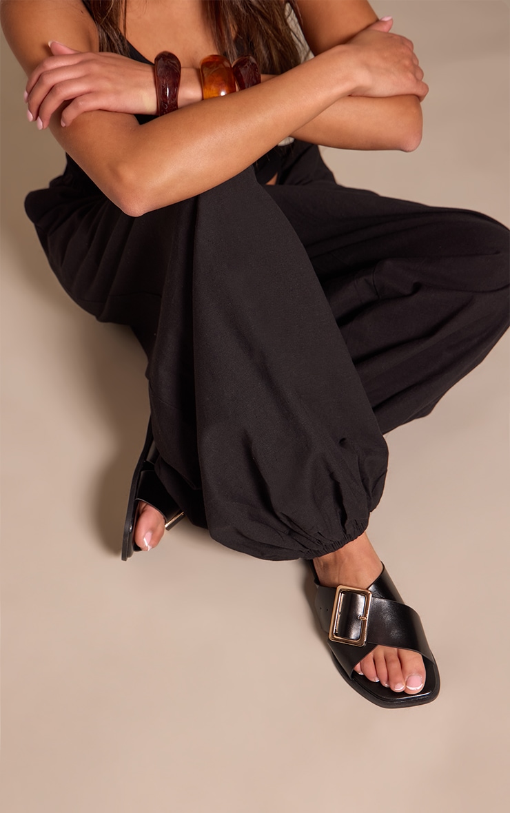 Wide Fit Black Buckle Cross Over Flat Sandals