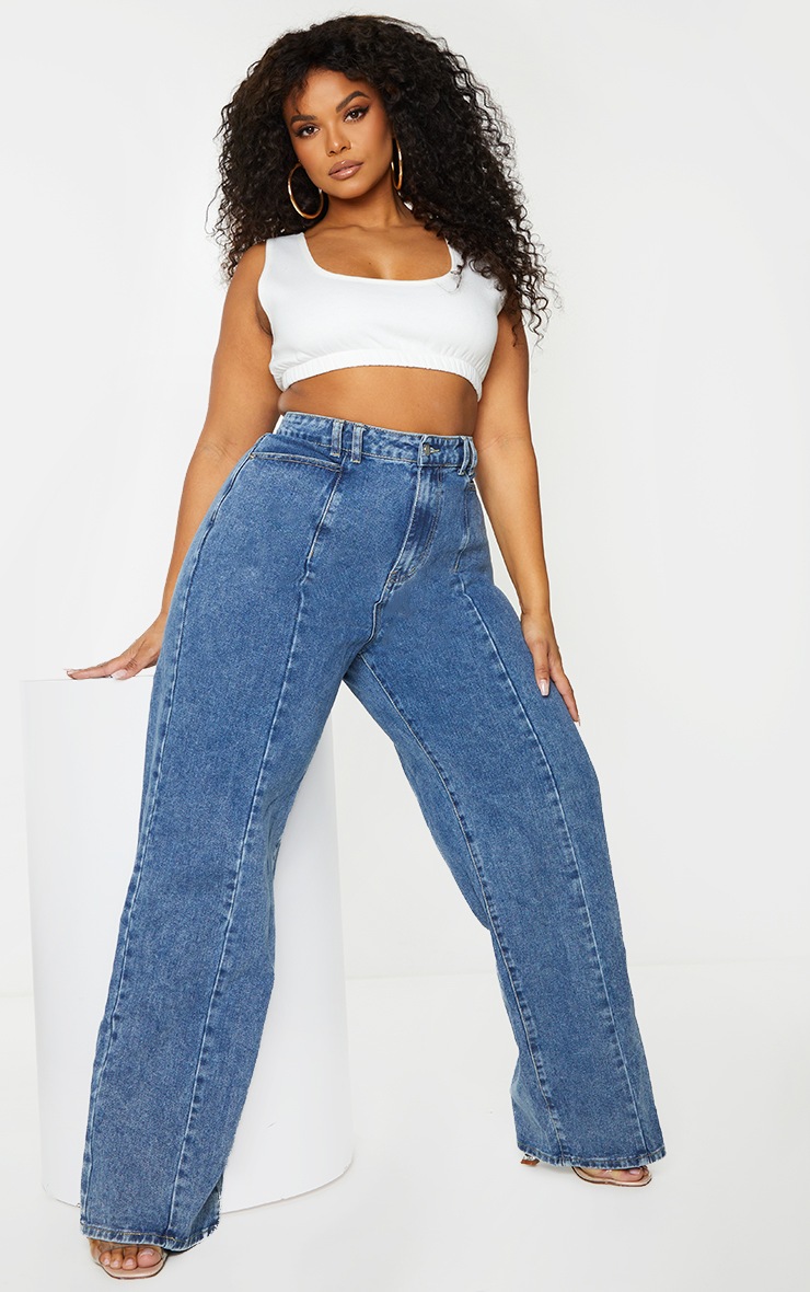 Plus Vintage Wash Seam Front Wide Leg Jeans