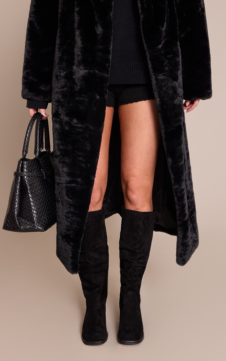 Black Faux Suede Low Heeled Ruched Knee High Boot