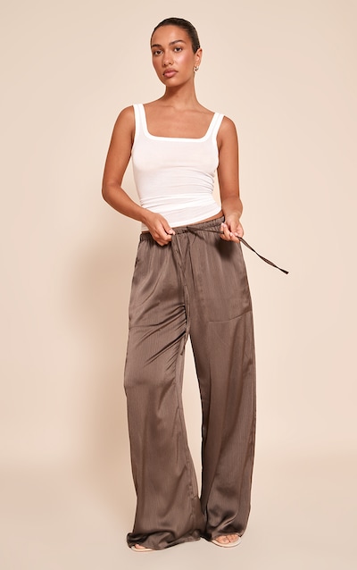 Charcoal Textured Satin Low Rise Wide Leg Drawstring Pants