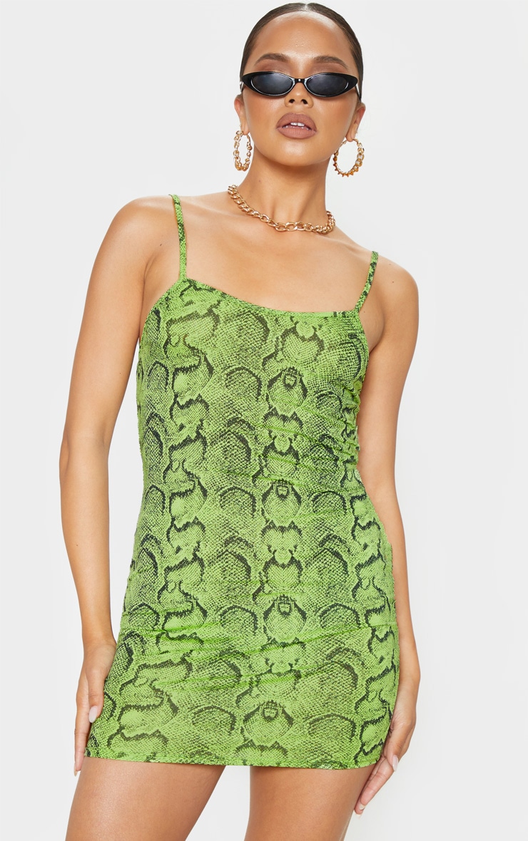 Robe moulante vert citron imprimée serpent à bretelles et encolure ronde