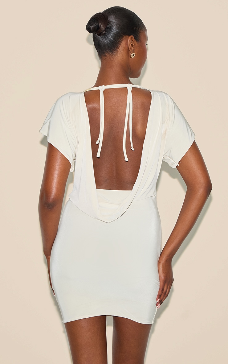 Almond Double Layered Slinky Ruched Short Sleeve Mini Dress image 1
