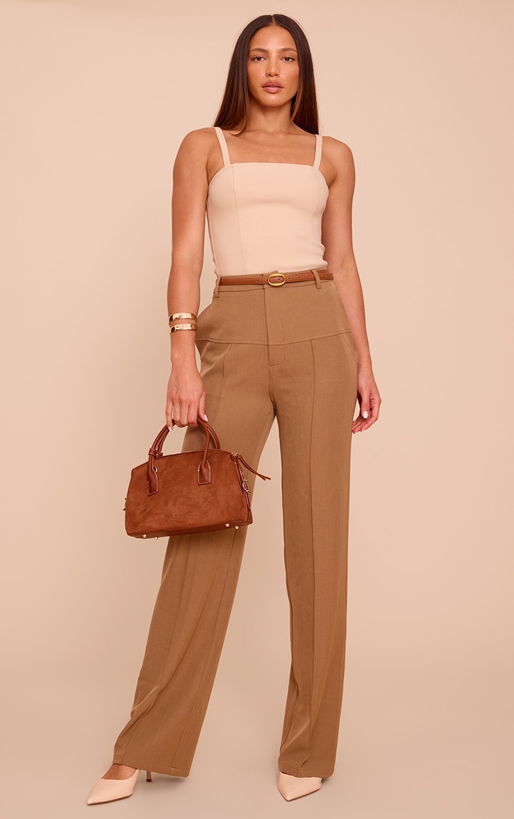 Tall Brown Tailored Thick Belted Waistband Detail Wide Leg Pants image 1