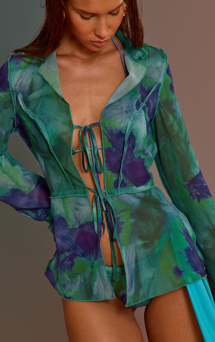 Emerald Green Ombre Print Long Sleeve Tie Front Beach Shirt image 4