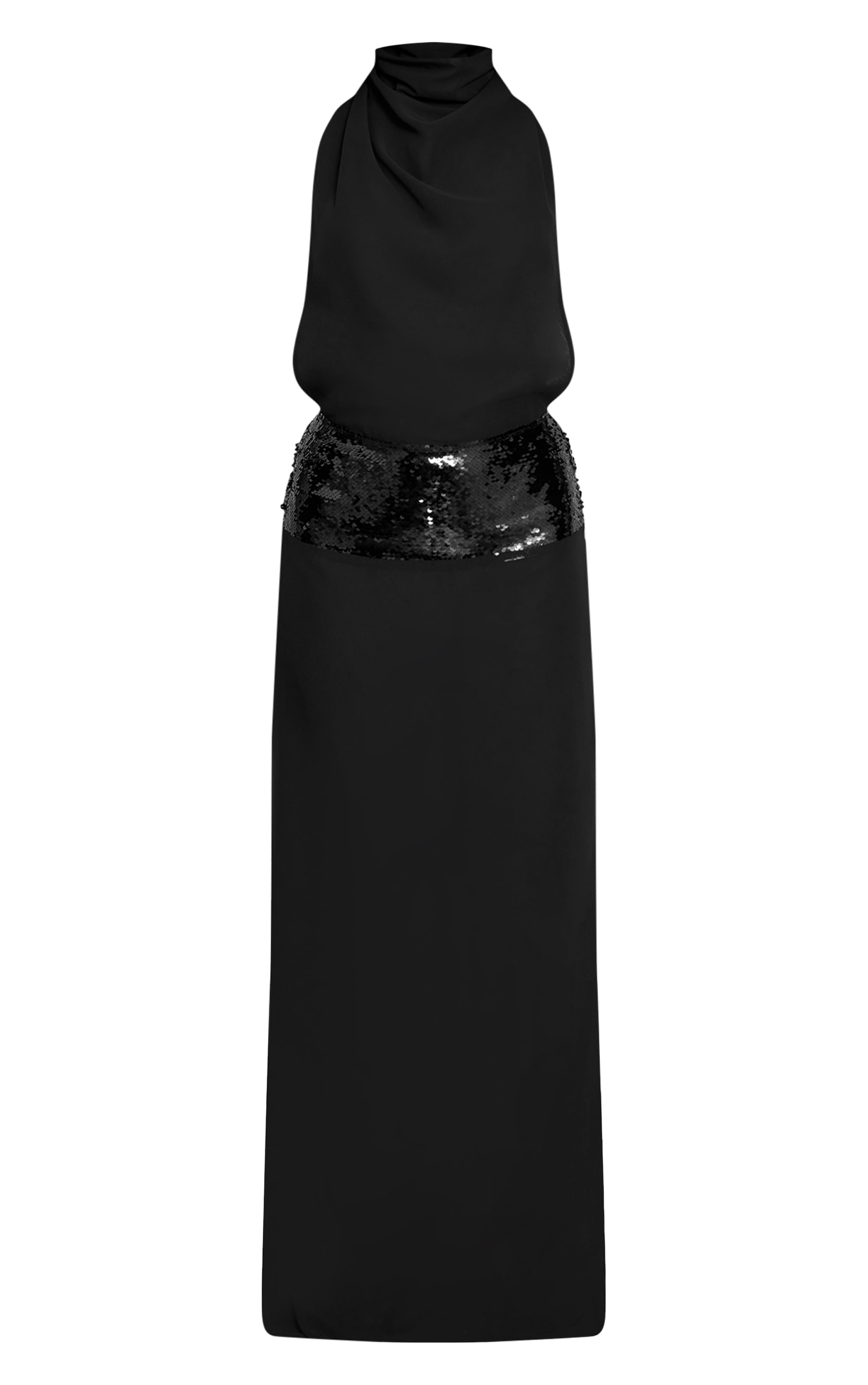 Black Chiffon High Neck Cowl Sequin Panel Maxi Dress image 5