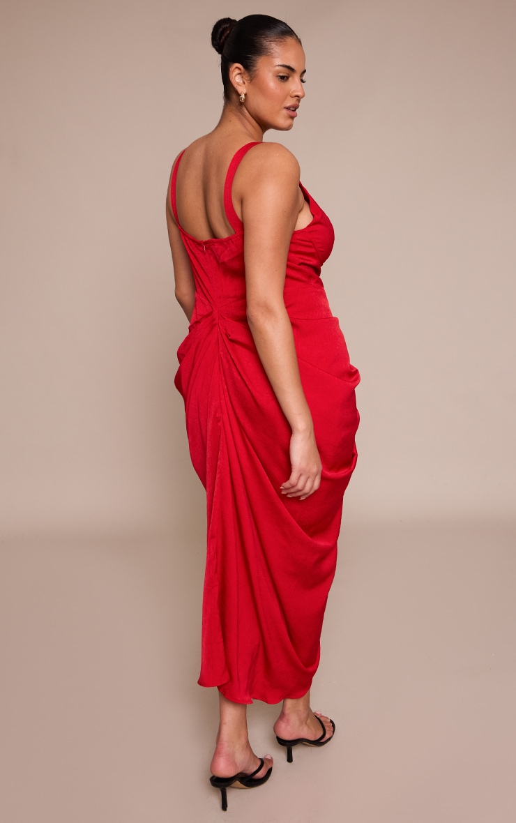 Plus Red Crushed Satin Drape Maxi Dress image 2