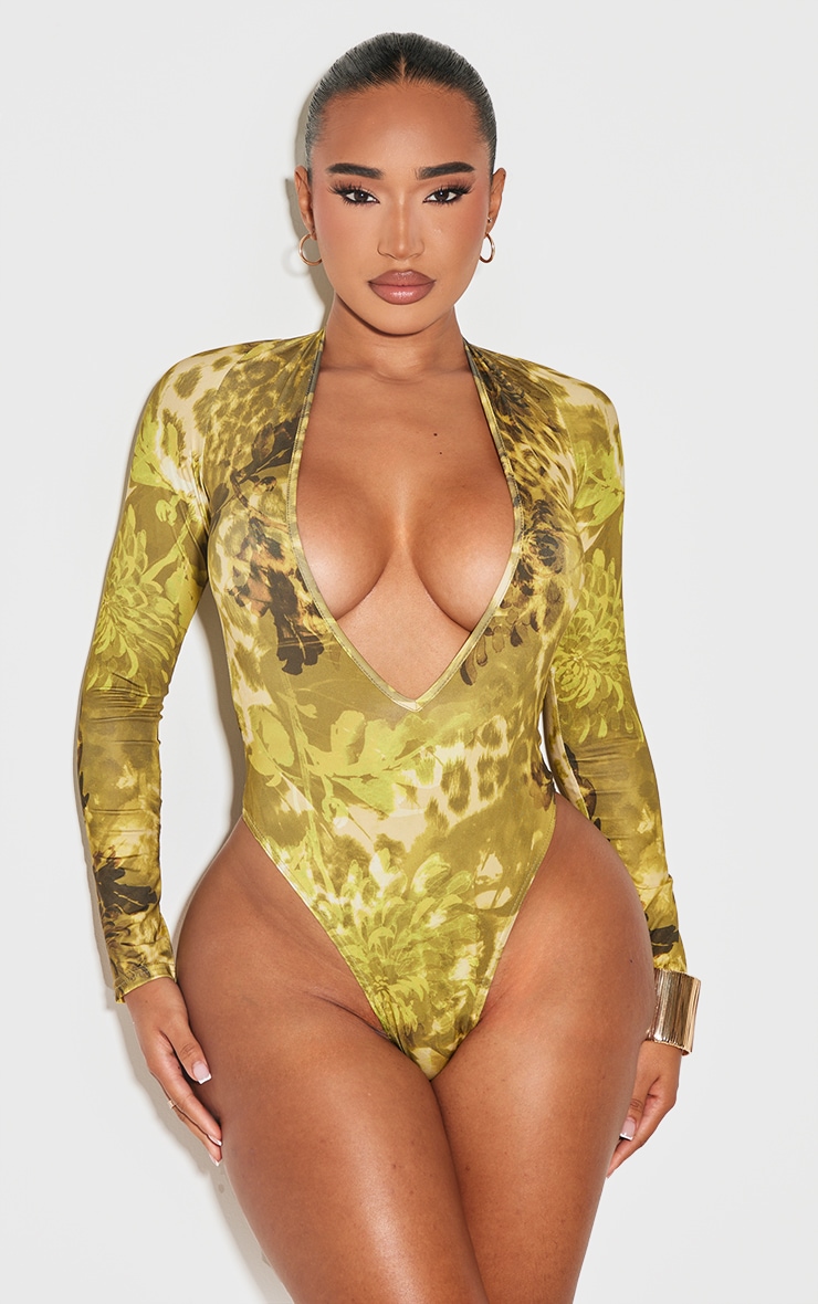 Shape Green Green Animal Printed Slinky Plunge Long Sleeve Bodysuit image 2