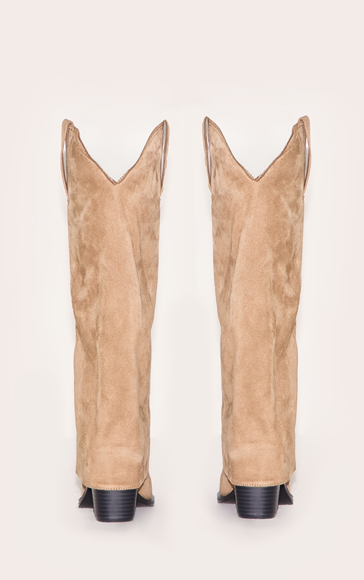 Stone Faux Suede Square Toe Fold Over Knee High Block Heel Western Boots image 3