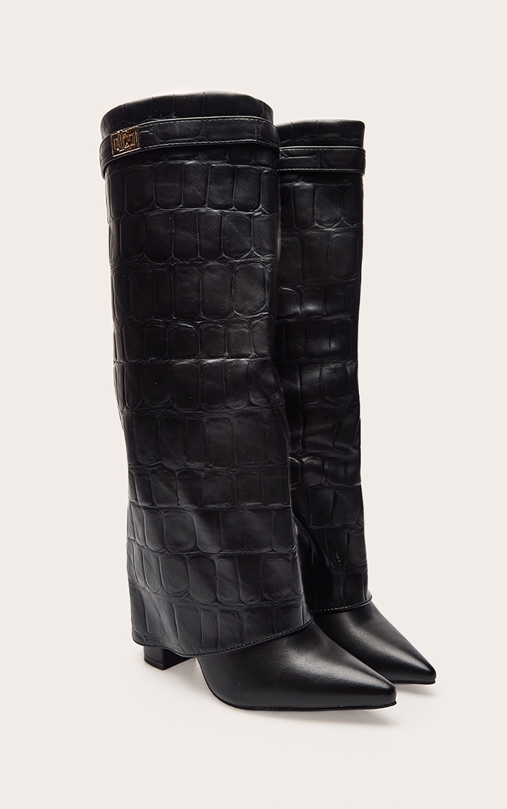Black Croc Faux Leather Block Heel Foldover Knee High Boots image 3