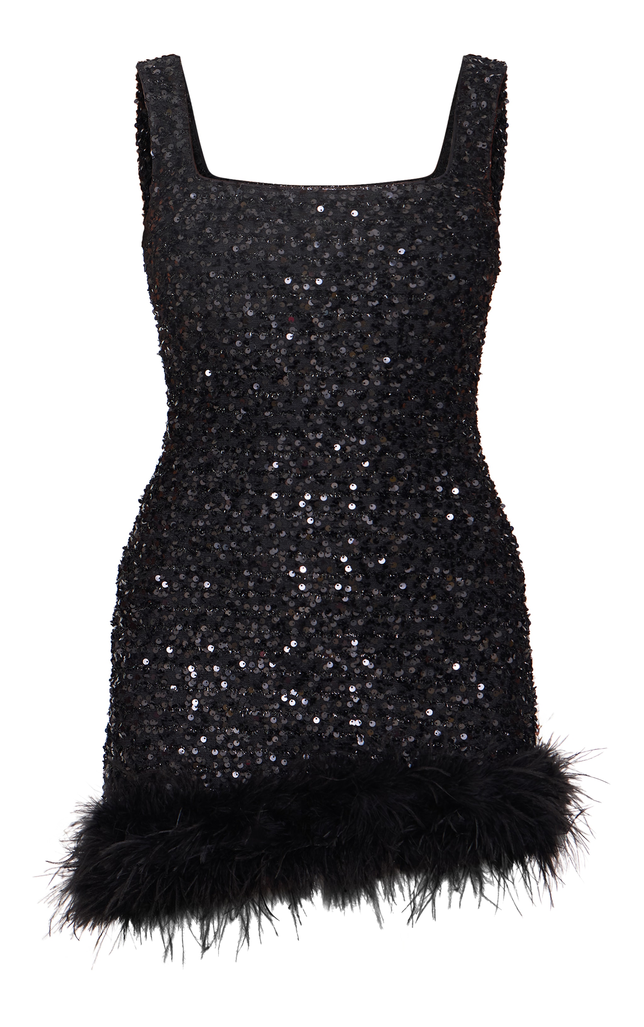 Black Sequin Scoop Neck Feather Hem Shift Dress image 5