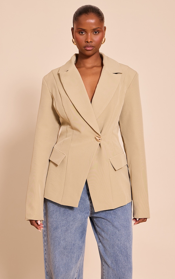Sage Cinch Waist Lapel Point Detail Blazer