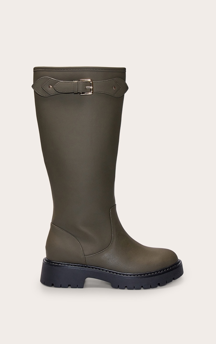 Khaki Wax PU Buckle Detail Knee High Chelsea Boot image 2