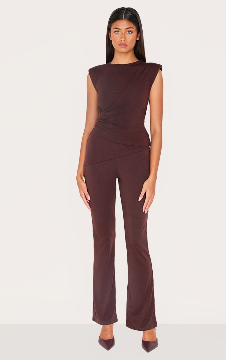Pantalon skinny flare en jersey chocolat froncé à détail portefeuille image 1