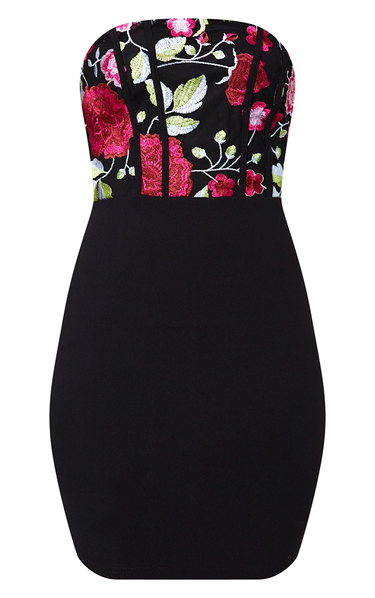 Black Embroidered Bodycon Dress Dresses PrettyLittleThing