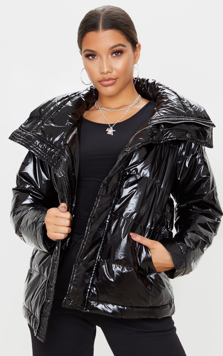 Black High Shine Oversized Hooded Puffer PrettyLittleThing CA