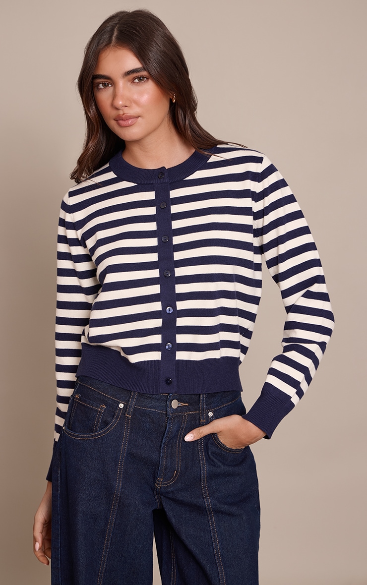 Navy Striped Button Up Compact Knit Cardigan image 1