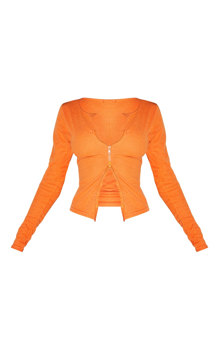 Top orange vif en maille côtelée brossée douce à double zip image 5