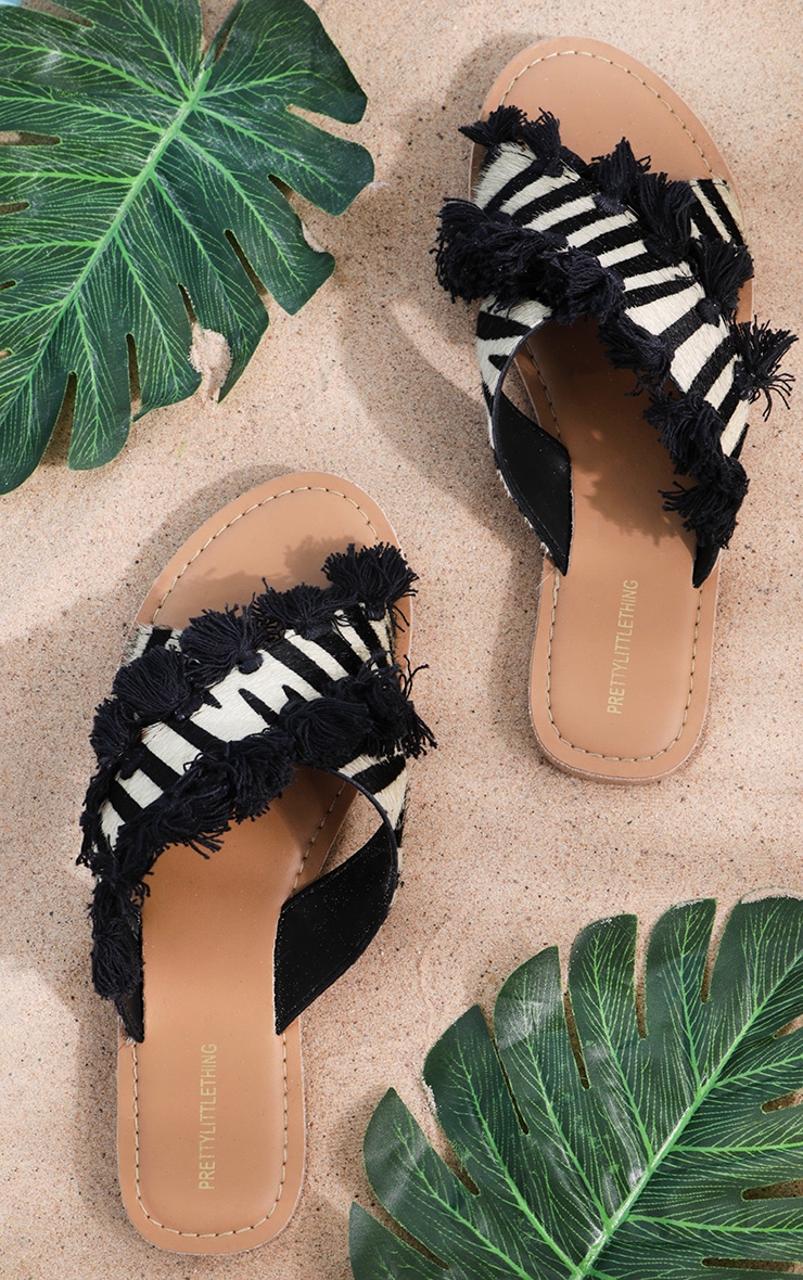 Zebra Cross Strap Tassel Mule Sandal