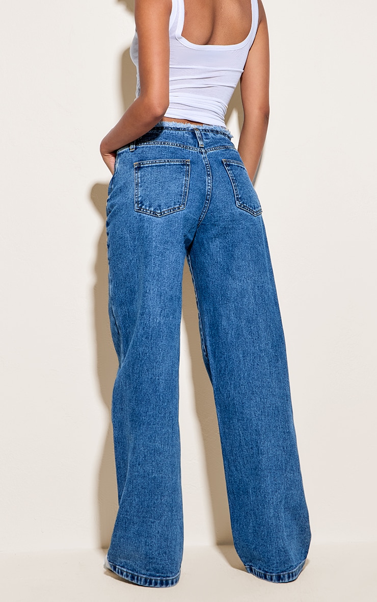 Mid Blue Wash Fray Waistband Low Waist Straight Leg Jean image 3