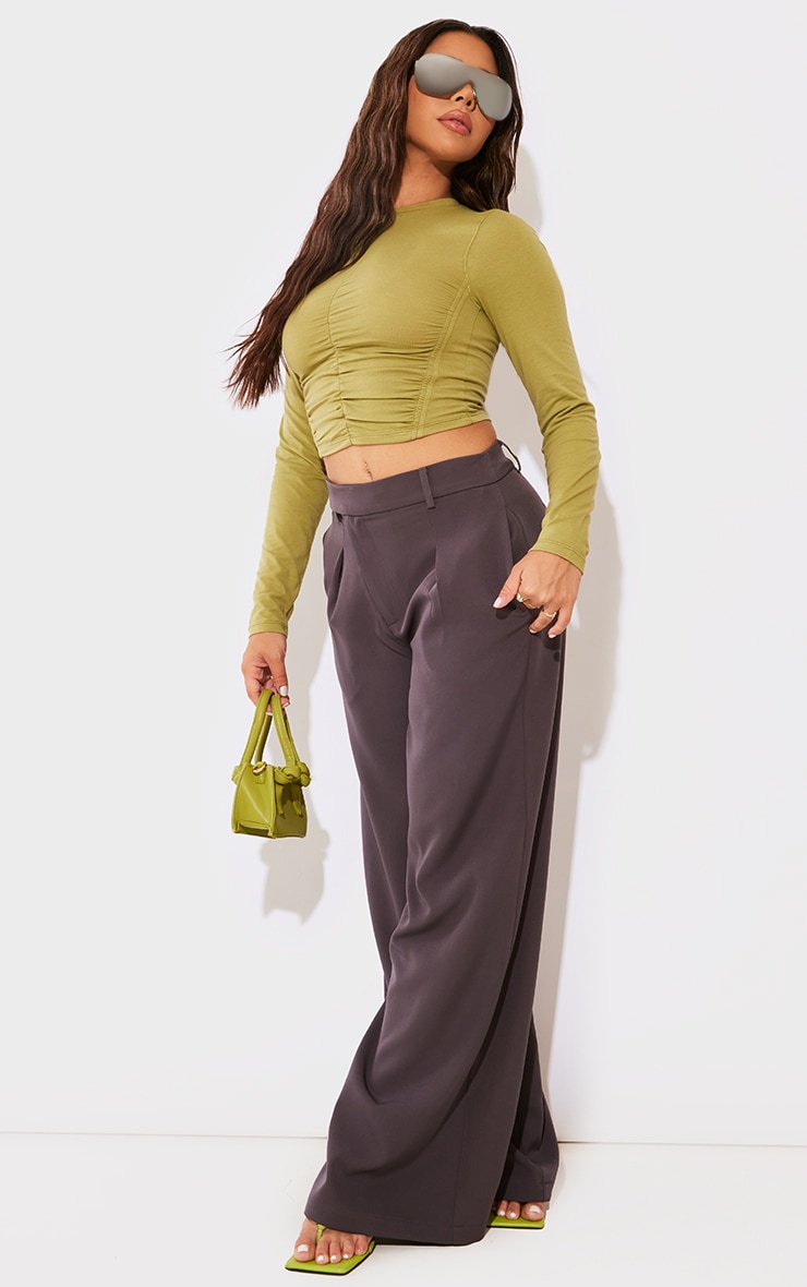 Khaki Cotton Ruched Front Long Sleeve Crop Top