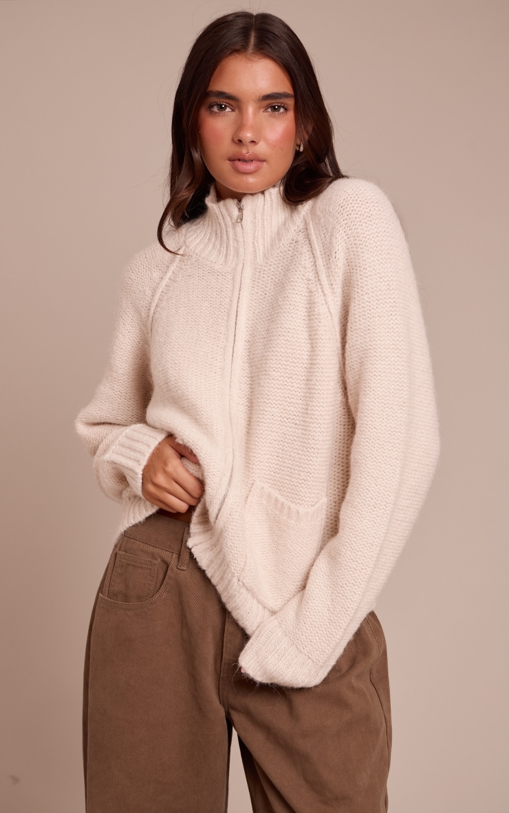 Cream Zip Up Pocket Detail Knitted Cardigan image 1