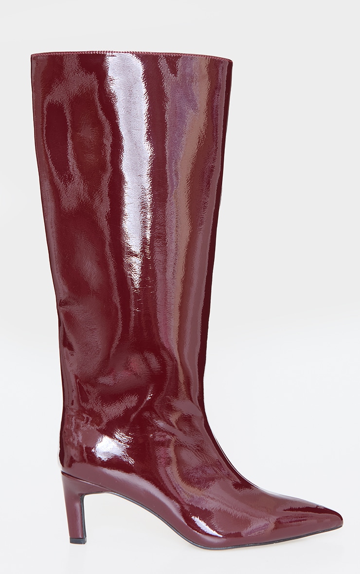 Burgundy Crinkle Pu Point Toe Low Stiletto Knee High Heel Boots image 3