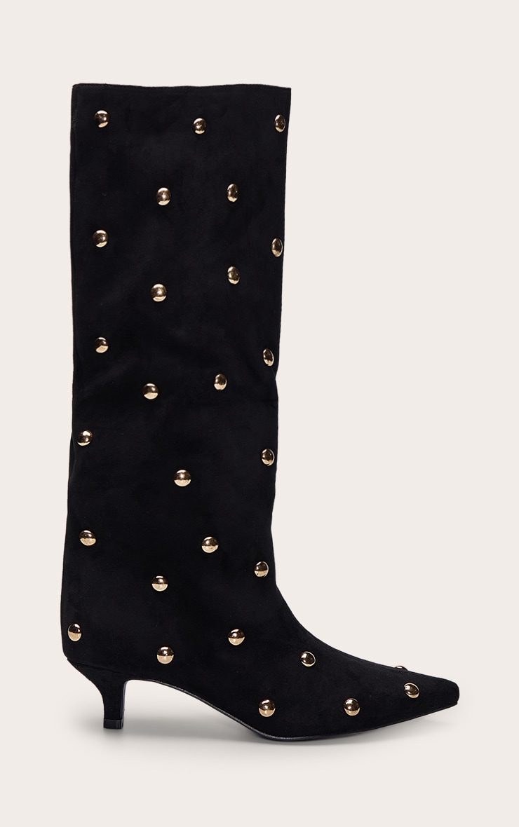 Black Suede Gold Bubble Stud Kitten Heeled Boots image 2