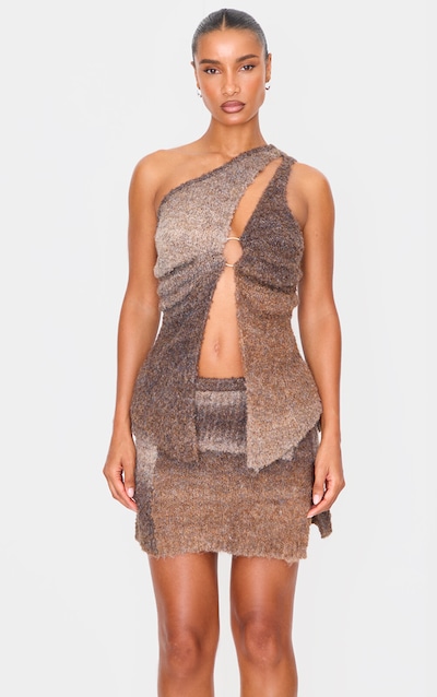 Mocha Stripe Textured Knit O Ring Asymmetric Cut Out Top