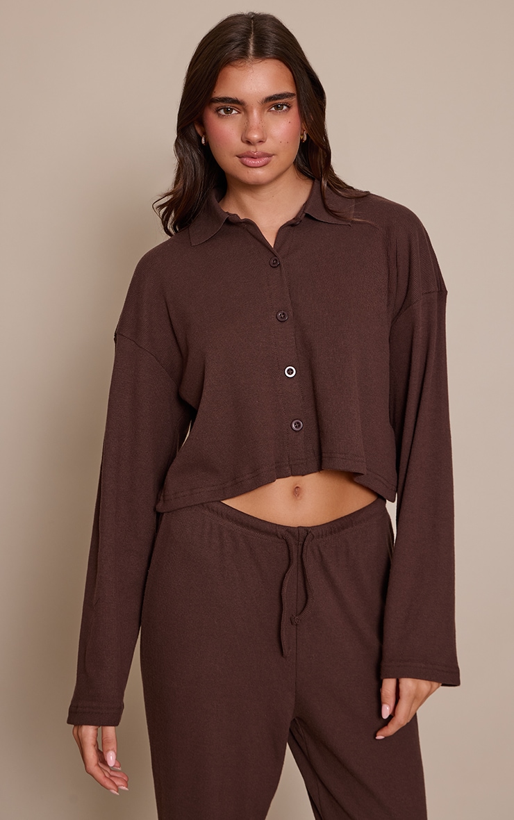 Chocolate Brown Brushed Rib Button Shirt image 4