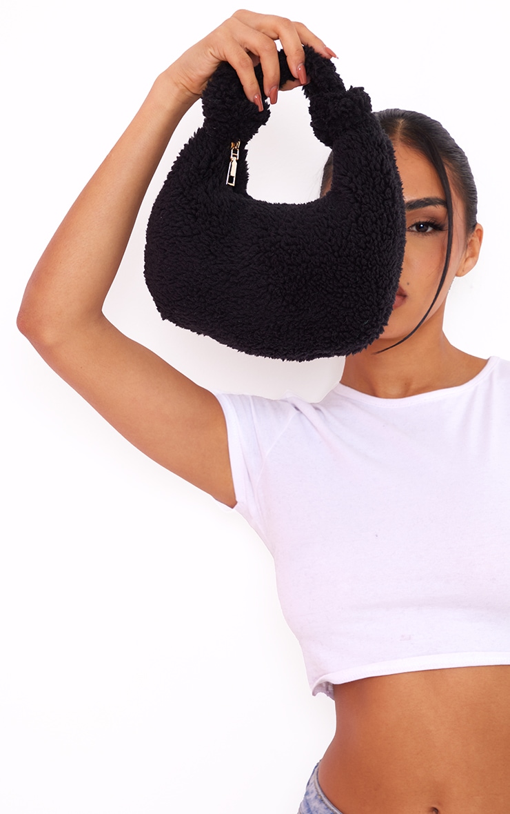 Black Fluffy Knot Handle Curved Handbag image 2