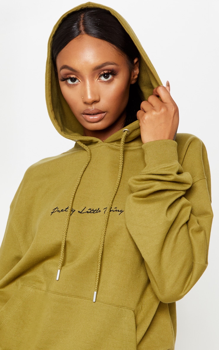 Plt Khaki Embroidered Oversized Hoodie Tops PrettyLittleThing USA